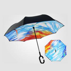 Popular and fashion double layer inside out reverse umbrella C shape handle inverted umbrella with watercolors