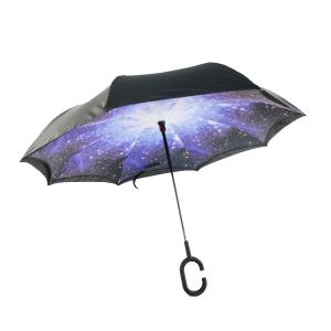 Windproof Double Layer Folding Inverted Umbrella Rain Protection Car with C-shaped Handle Starry Sky Reverse Umbrella