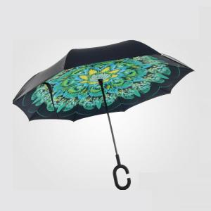 Popular and fashion double layer inside out reverse umbrella C shape handle inverted umbrella with flower inside